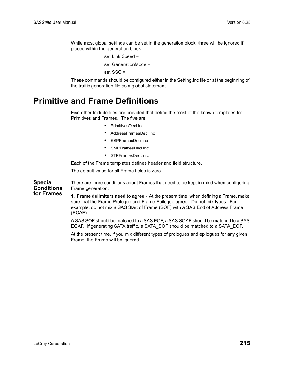 Primitive and frame definitions, Special conditions for frames | Teledyne LeCroy SAS Suite User Manual User Manual | Page 225 / 302