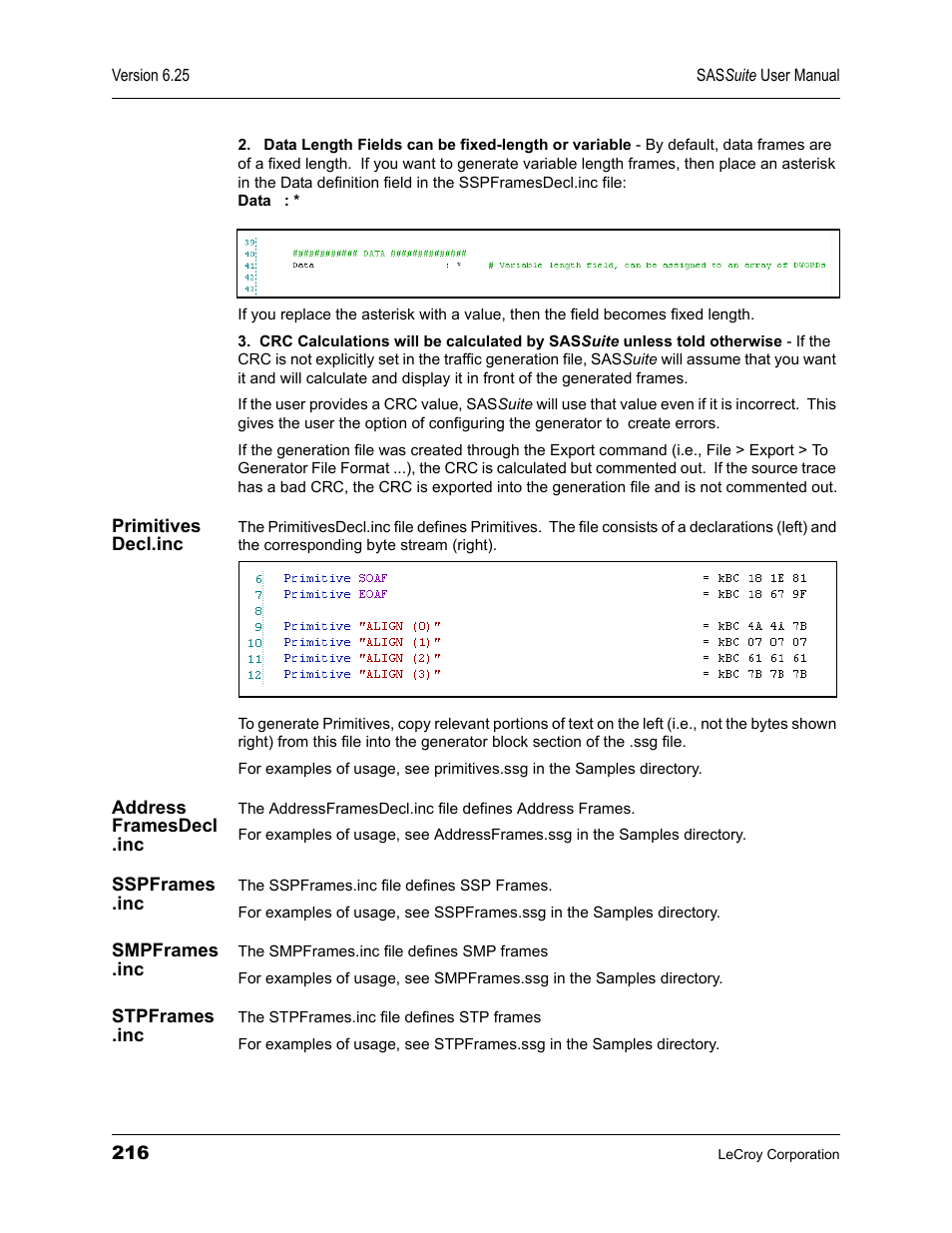 Primitives decl.inc, Address framesdecl .inc, Sspframes .inc | Smpframes .inc, Stpframes .inc | Teledyne LeCroy SAS Suite User Manual User Manual | Page 226 / 302