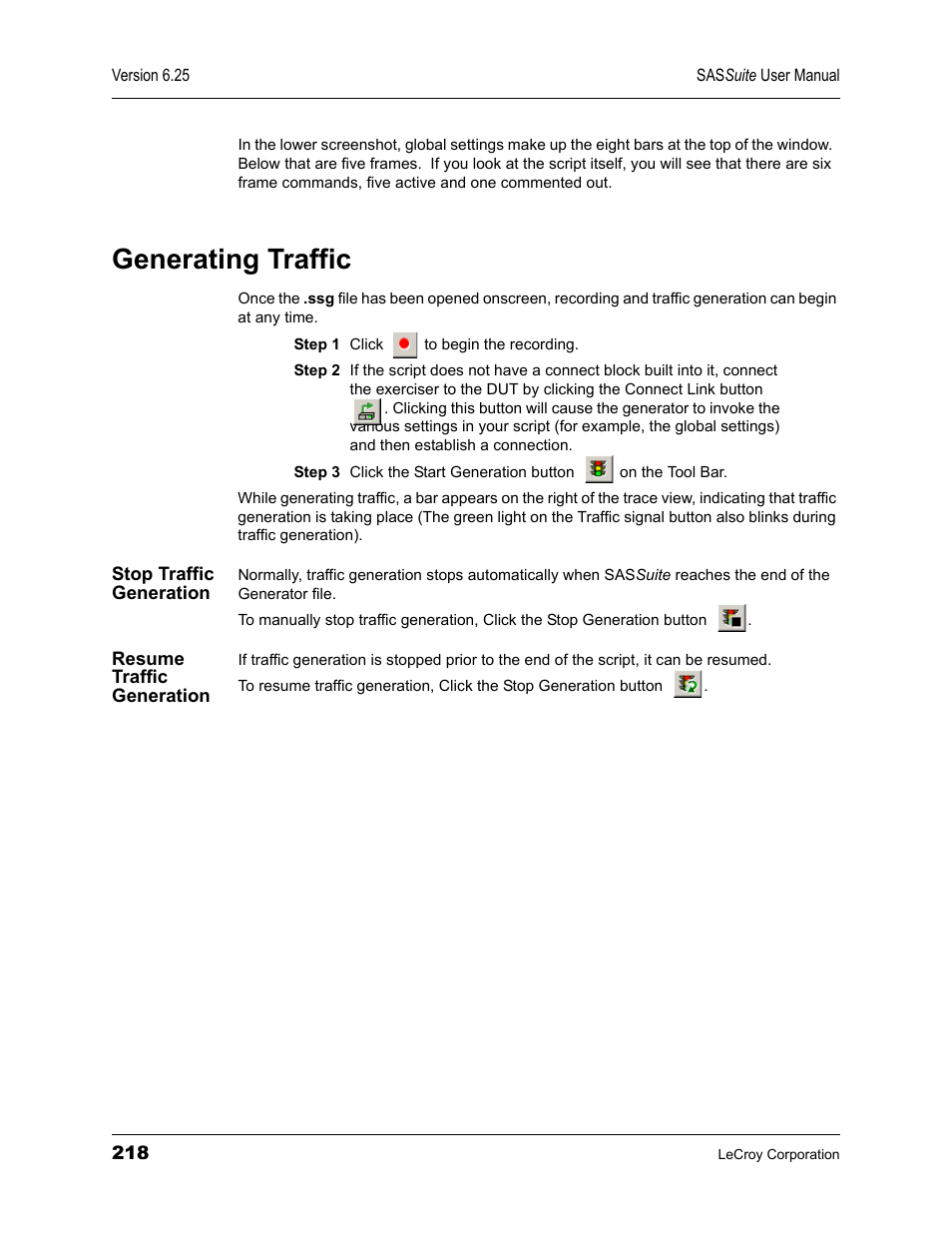 Generating traffic, Stop traffic generation, Resume traffic generation | Stop traffic generation resume traffic generation | Teledyne LeCroy SAS Suite User Manual User Manual | Page 228 / 302
