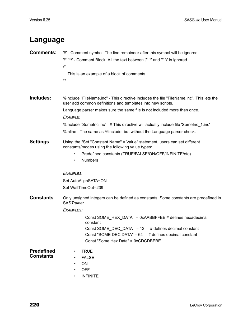 Language, Comments, Includes | Settings, Constants, Predefined constants | Teledyne LeCroy SAS Suite User Manual User Manual | Page 230 / 302