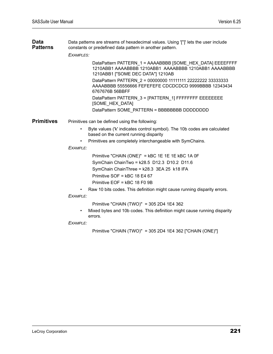 Data patterns, Primitives, Data patterns primitives | Teledyne LeCroy SAS Suite User Manual User Manual | Page 231 / 302