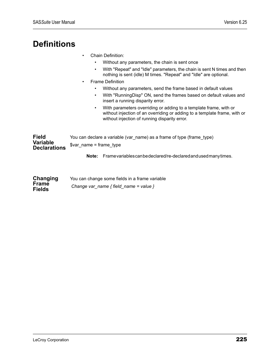 Definitions, Field variable declarations, Changing frame fields | Field variable declarations changing frame fields | Teledyne LeCroy SAS Suite User Manual User Manual | Page 235 / 302