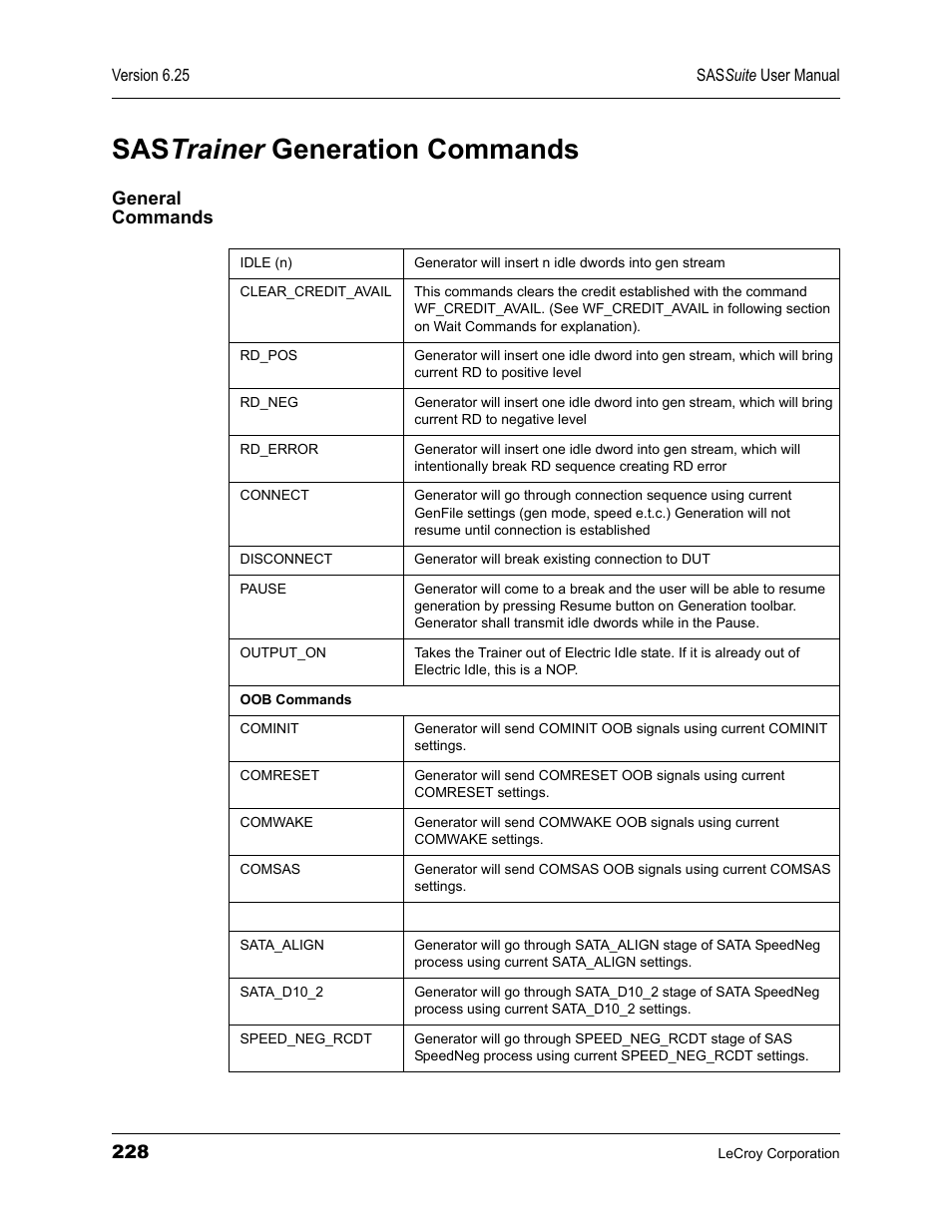 Sastrainer generation commands, General commands, Sas trainer generation commands | Teledyne LeCroy SAS Suite User Manual User Manual | Page 238 / 302