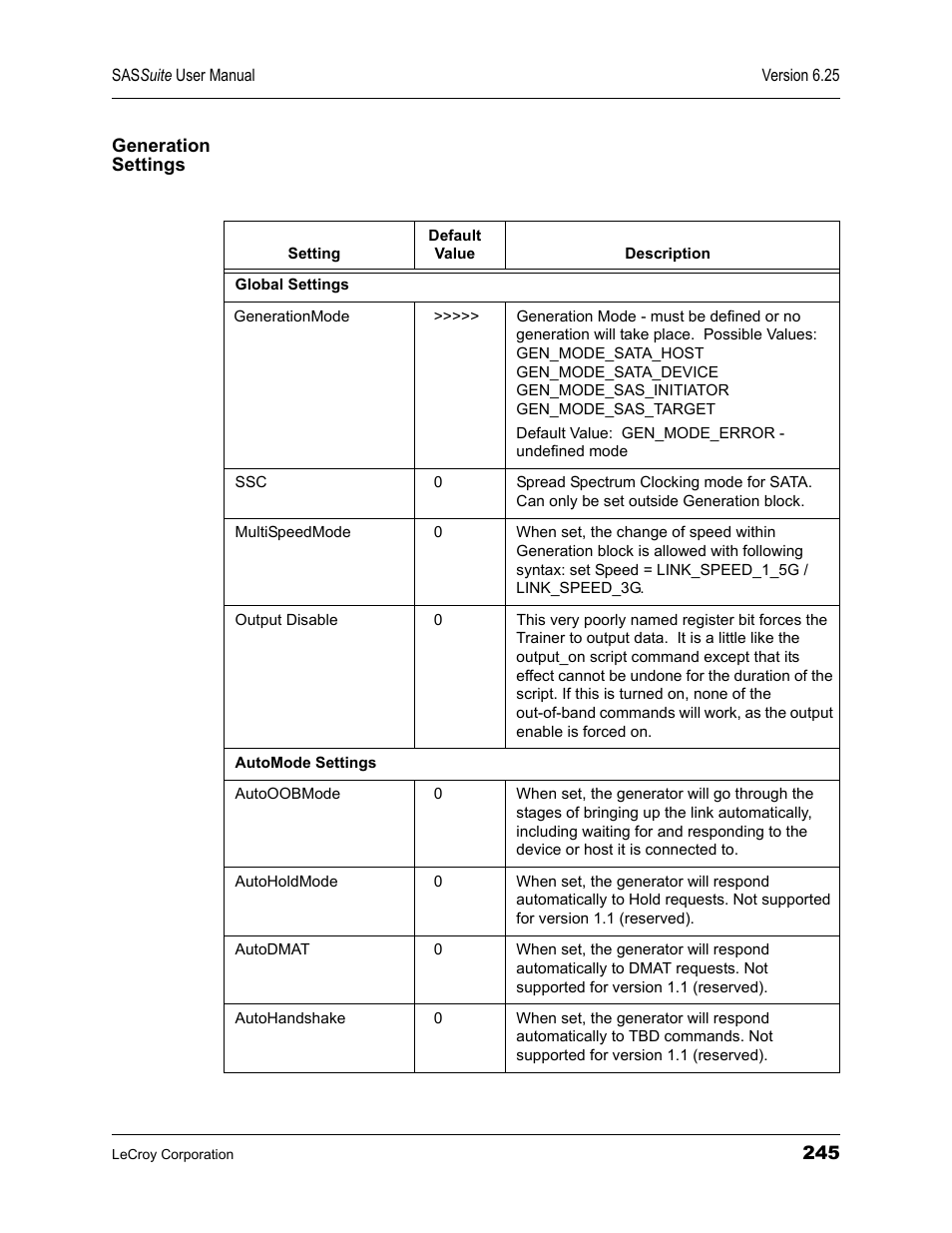 Generation settings | Teledyne LeCroy SAS Suite User Manual User Manual | Page 255 / 302