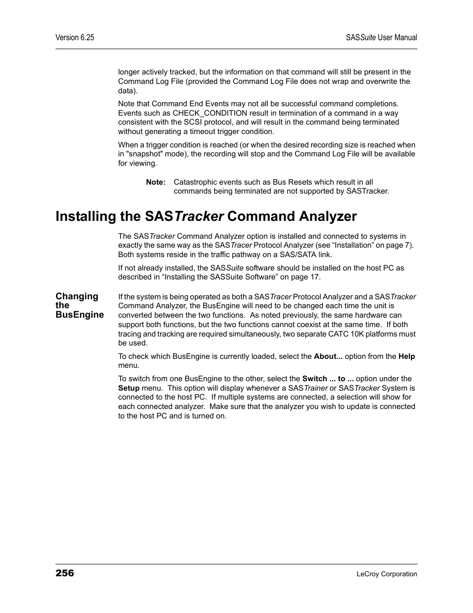 Installing the sastracker command analyzer, Changing the busengine, Installing the sas tracker command analyzer | Teledyne LeCroy SAS Suite User Manual User Manual | Page 266 / 302
