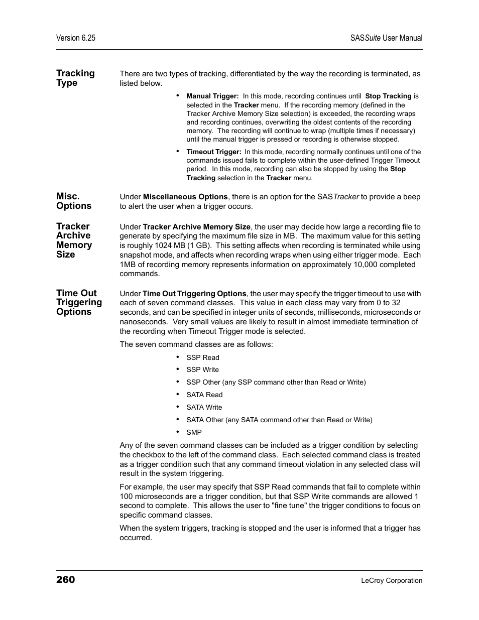 Tracking type, Misc. options, Tracker archive memory size | Time out triggering options | Teledyne LeCroy SAS Suite User Manual User Manual | Page 270 / 302