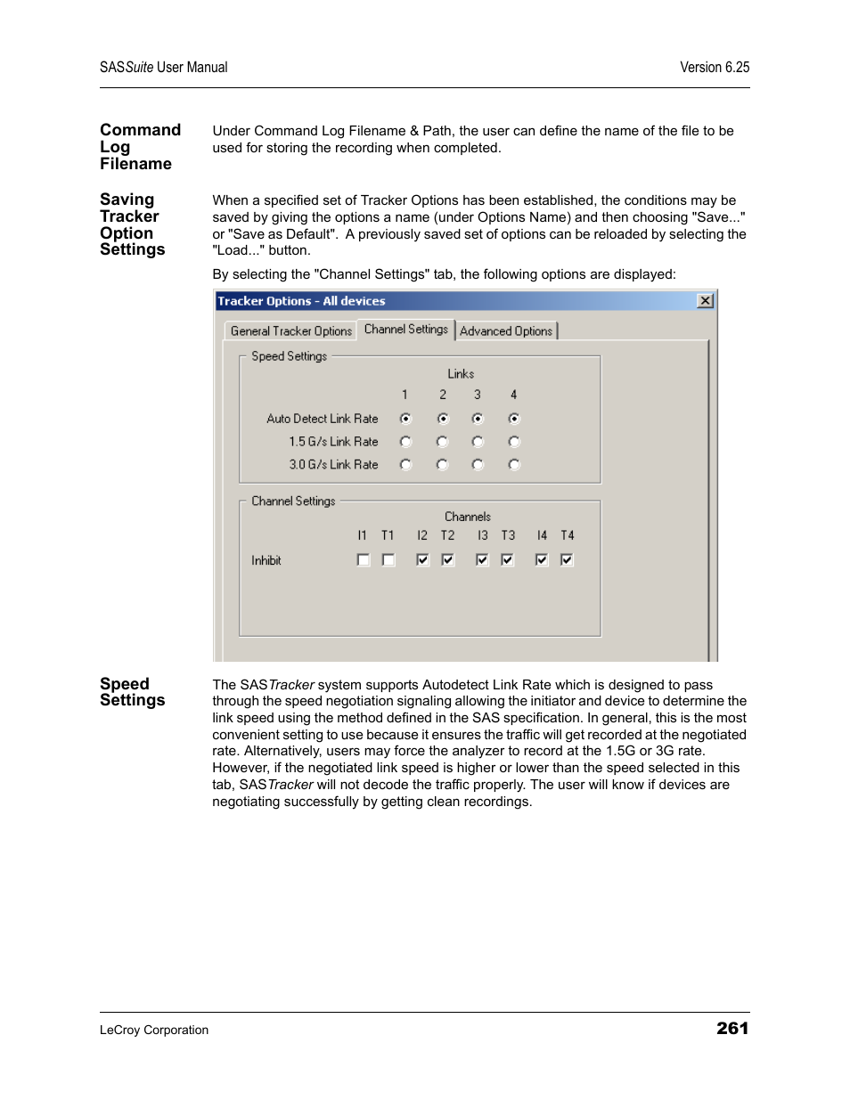 Command log filename, Saving tracker option settings, Speed settings | Teledyne LeCroy SAS Suite User Manual User Manual | Page 271 / 302