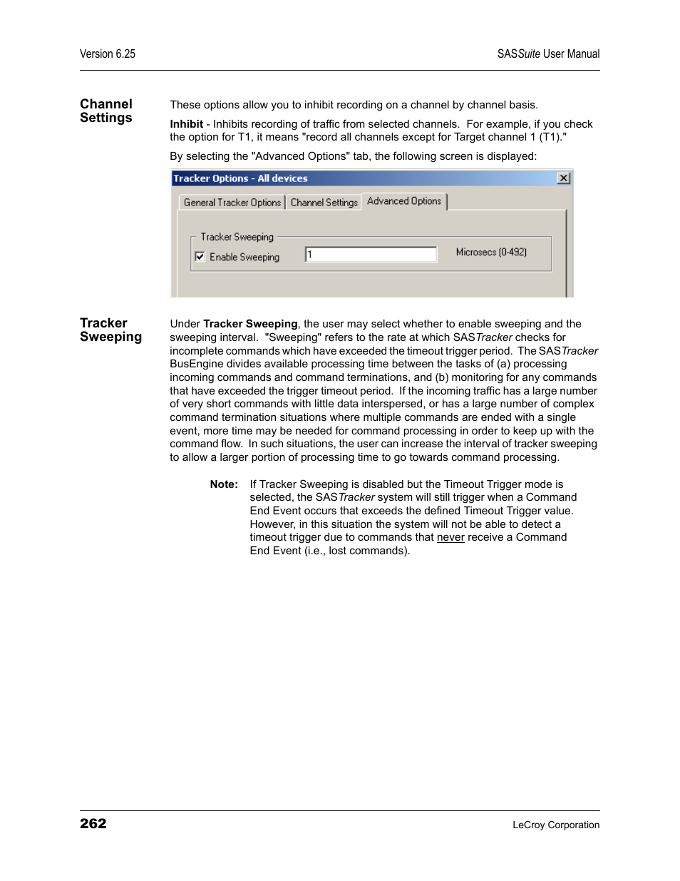 Channel settings, Tracker sweeping, Channel settings tracker sweeping | Teledyne LeCroy SAS Suite User Manual User Manual | Page 272 / 302