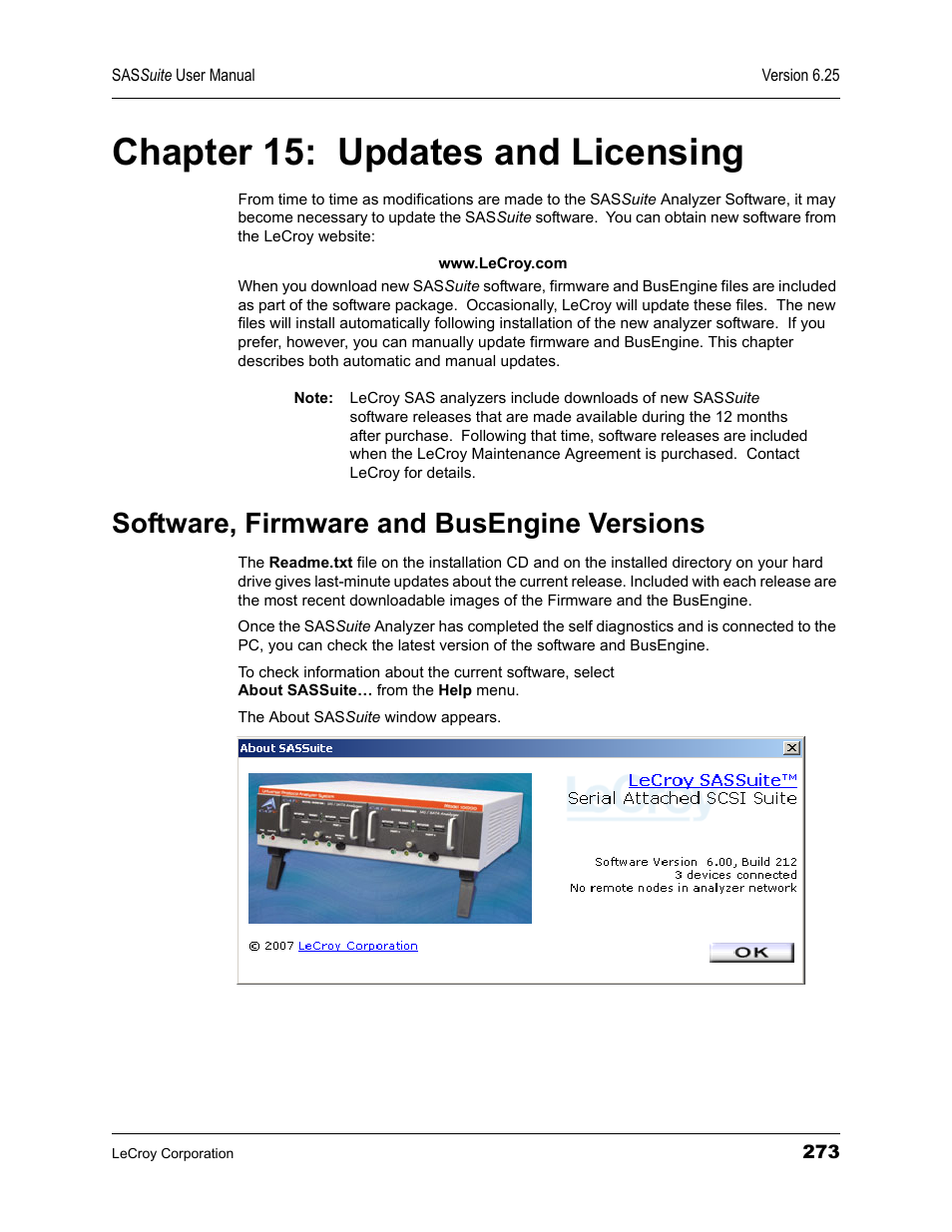 Chapter 15: updates and licensing, Software, firmware and busengine versions, Chapter 15 updates and licensing | Teledyne LeCroy SAS Suite User Manual User Manual | Page 283 / 302