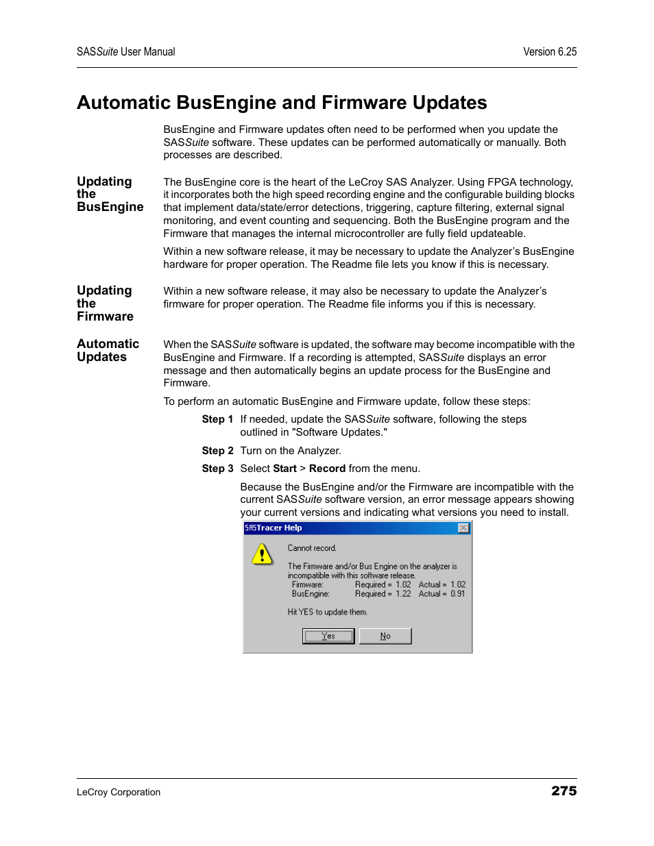 Automatic busengine and firmware updates, Updating the busengine, Updating the firmware | Automatic updates | Teledyne LeCroy SAS Suite User Manual User Manual | Page 285 / 302