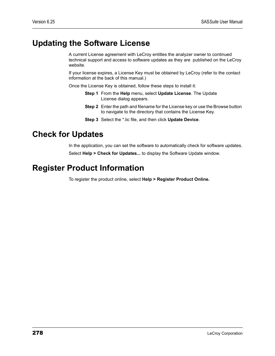 Updating the software license, Check for updates, Register product information | Teledyne LeCroy SAS Suite User Manual User Manual | Page 288 / 302