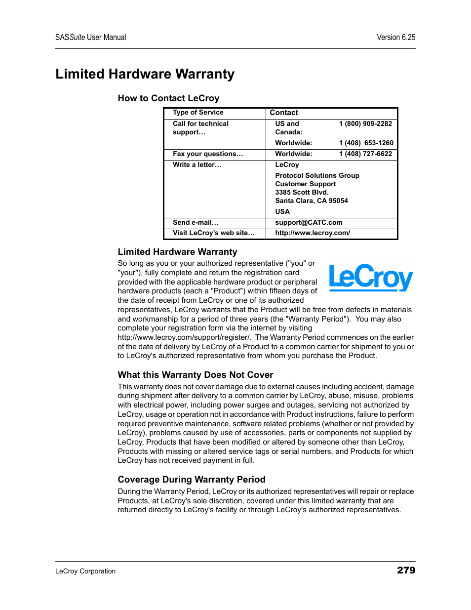 Limited hardware warranty | Teledyne LeCroy SAS Suite User Manual User Manual | Page 289 / 302