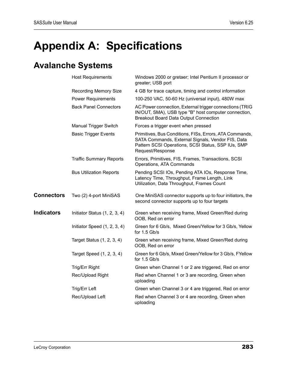 Appendix a: specifications, Avalanche systems, Connectors | Indicators, Appendix a specifications 283, Connectors indicators | Teledyne LeCroy SAS Suite User Manual User Manual | Page 293 / 302