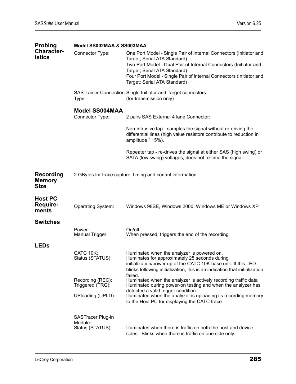 Probing character- istics, Recording memory size, Host pc require- ments | Switches, Leds | Teledyne LeCroy SAS Suite User Manual User Manual | Page 295 / 302