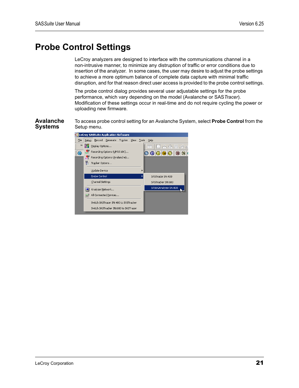 Probe control settings, Avalanche systems | Teledyne LeCroy SAS Suite User Manual User Manual | Page 31 / 302
