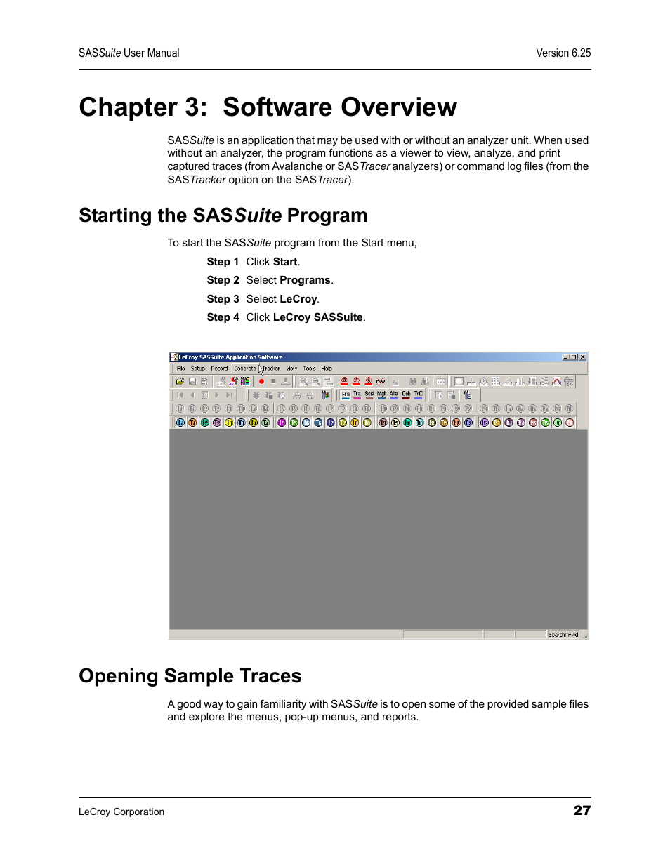 Chapter 3: software overview, Starting the sassuite program, Opening sample traces | Chapter 3, Software overview, Starting the sas suite, Starting the sas suite program | Teledyne LeCroy SAS Suite User Manual User Manual | Page 37 / 302
