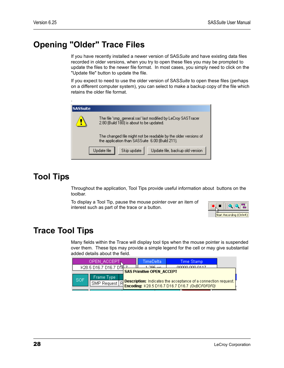 Opening "older" trace files, Tool tips, Trace tool tips | Teledyne LeCroy SAS Suite User Manual User Manual | Page 38 / 302