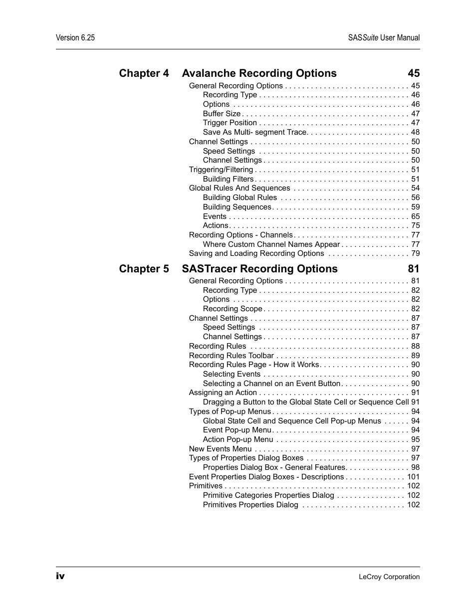 Chapter 4 avalanche recording options 45, Chapter 5 sastracer recording options 81 | Teledyne LeCroy SAS Suite User Manual User Manual | Page 4 / 302