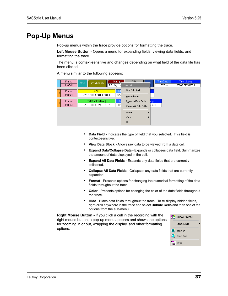 Pop-up menus | Teledyne LeCroy SAS Suite User Manual User Manual | Page 47 / 302