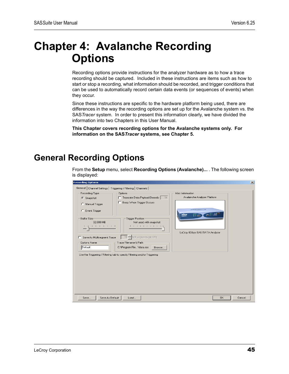 Chapter 4: avalanche recording options, General recording options, Chapter 4 | Avalanche recording options | Teledyne LeCroy SAS Suite User Manual User Manual | Page 55 / 302