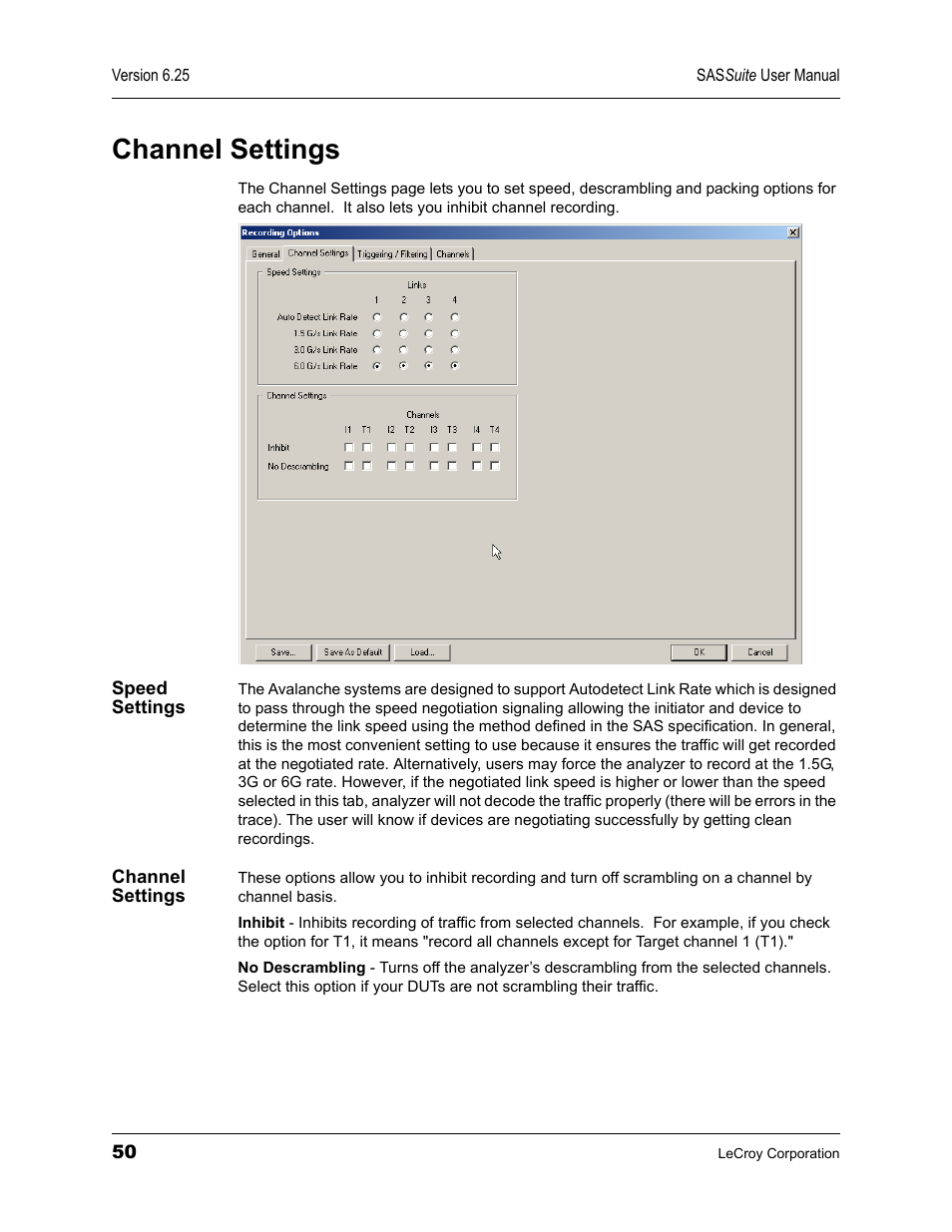 Channel settings, Speed settings, Speed settings channel settings | Teledyne LeCroy SAS Suite User Manual User Manual | Page 60 / 302