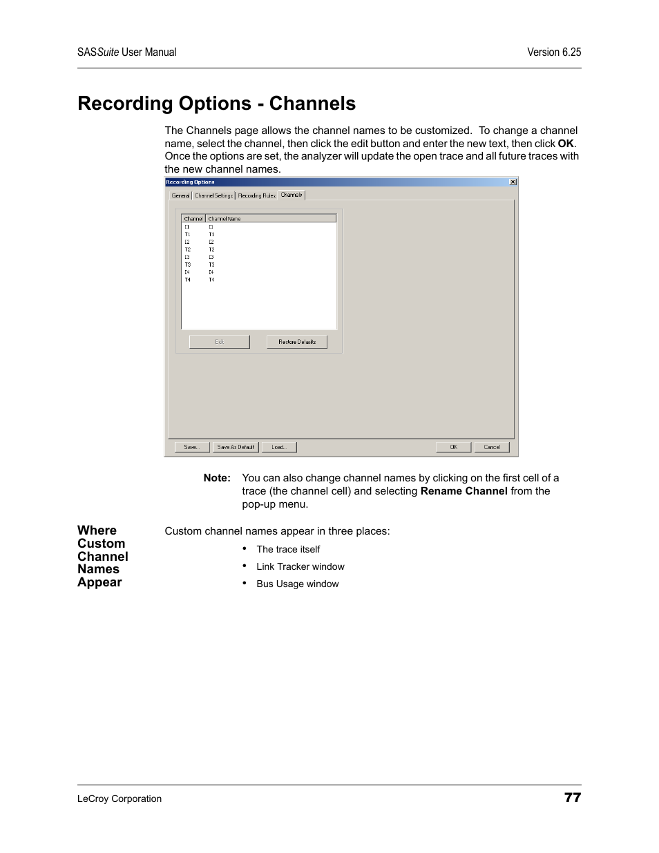 Recording options - channels, Where custom channel names appear | Teledyne LeCroy SAS Suite User Manual User Manual | Page 87 / 302