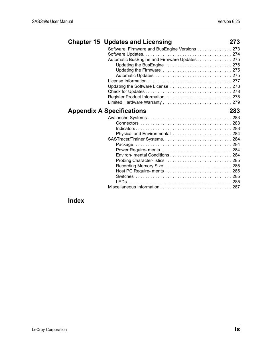 Appendix a specifications 283, Index | Teledyne LeCroy SAS Suite User Manual User Manual | Page 9 / 302