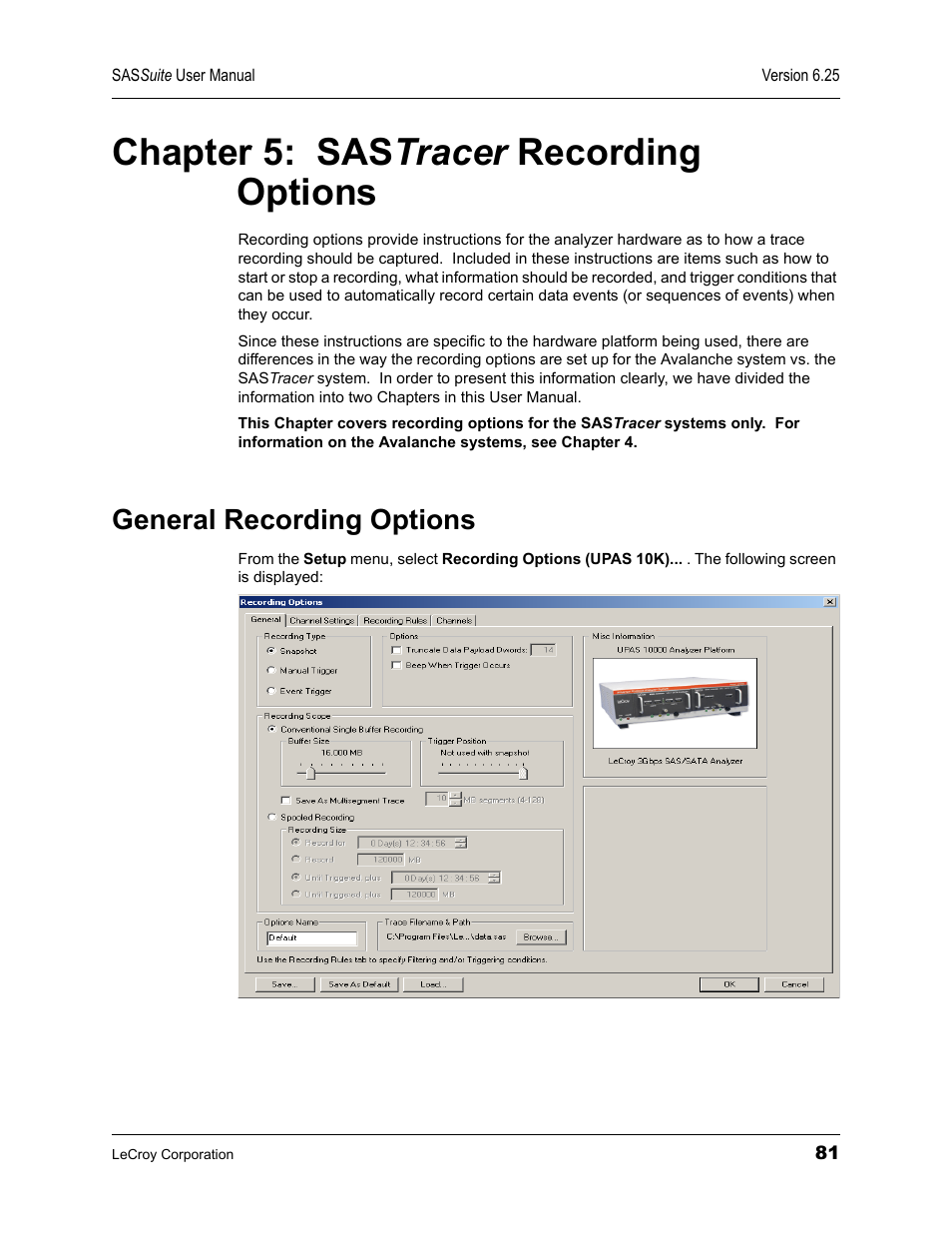 Chapter 5: sastracer recording options, General recording options, Chapter 5 | Sastracer recording options, Chapter 5: sas tracer recording options | Teledyne LeCroy SAS Suite User Manual User Manual | Page 91 / 302