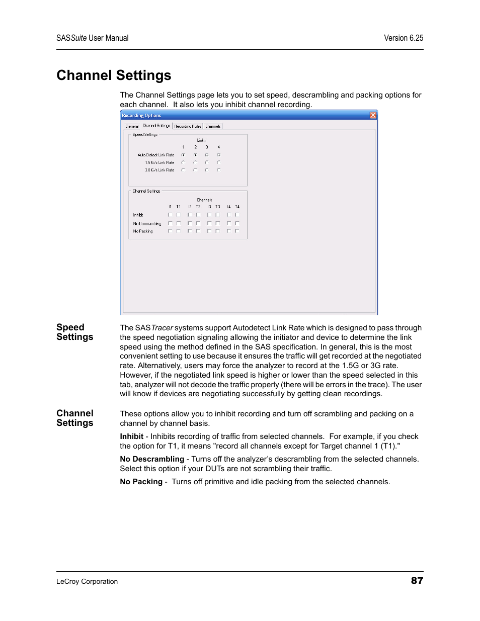 Channel settings, Speed settings, Speed settings channel settings | Teledyne LeCroy SAS Suite User Manual User Manual | Page 97 / 302