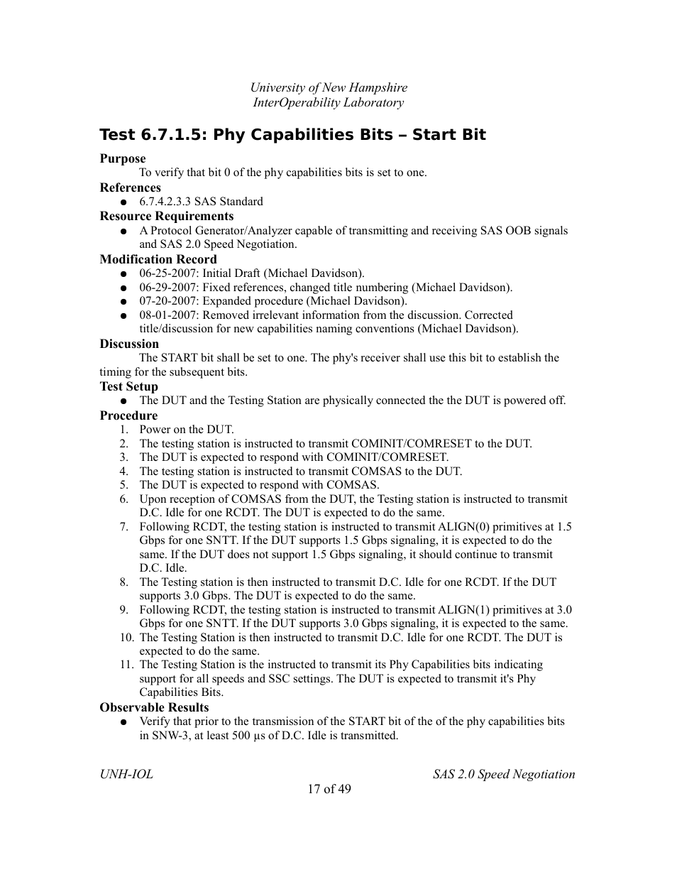 Test 6.7.1.5: phy capabilities bits – start bit | Teledyne LeCroy SAS Verification Test Descriptions User Manual | Page 153 / 186