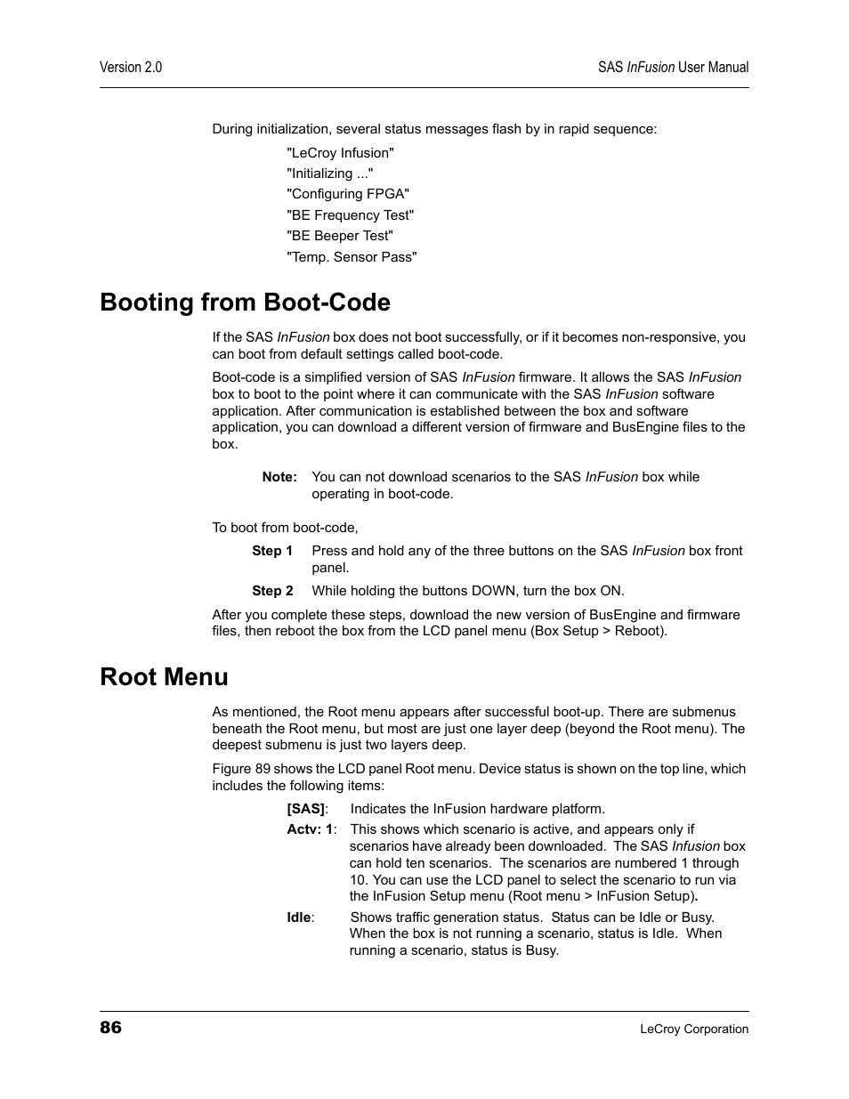 Booting from boot-code, Root menu, Booting from boot-code root menu | Teledyne LeCroy SAS_SATA InFusion - Users Manual User Manual | Page 100 / 113