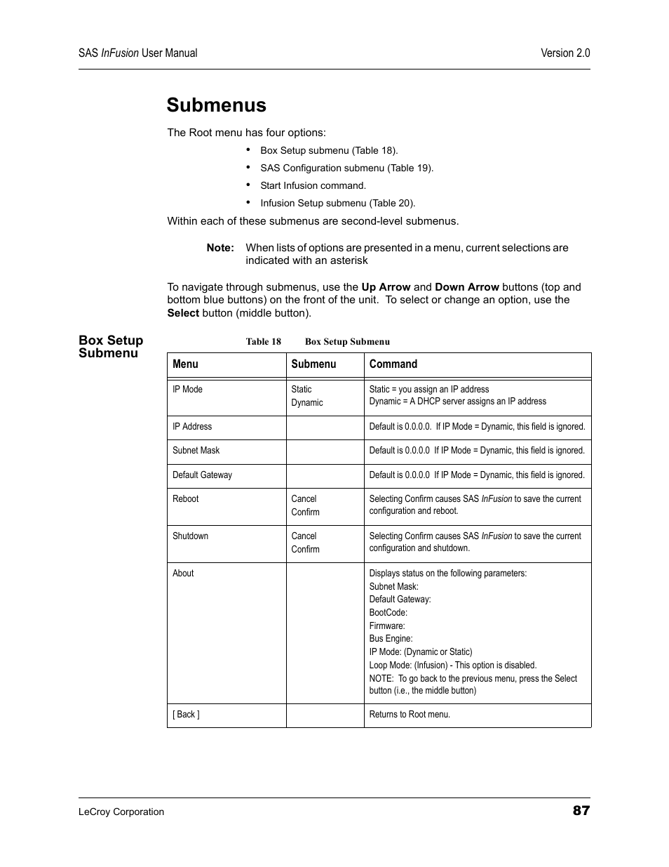 Submenus, Box setup submenu, Table 18 box setup submenu | Teledyne LeCroy SAS_SATA InFusion - Users Manual User Manual | Page 101 / 113