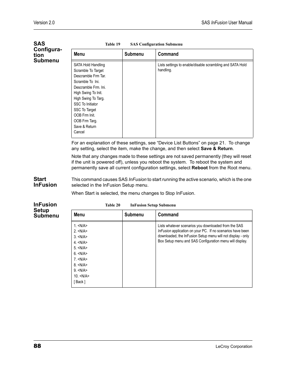 Sas configura- tion submenu, Start infusion, Infusion setup submenu | Sas configuration submenu start, Infusion setup | Teledyne LeCroy SAS_SATA InFusion - Users Manual User Manual | Page 102 / 113