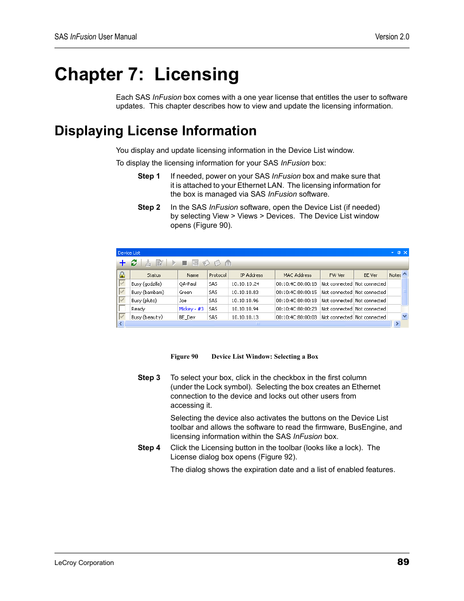 Chapter 7: licensing, Displaying license information, Chapter 7 | Licensing, Figure 90 device list window: selecting a box | Teledyne LeCroy SAS_SATA InFusion - Users Manual User Manual | Page 103 / 113