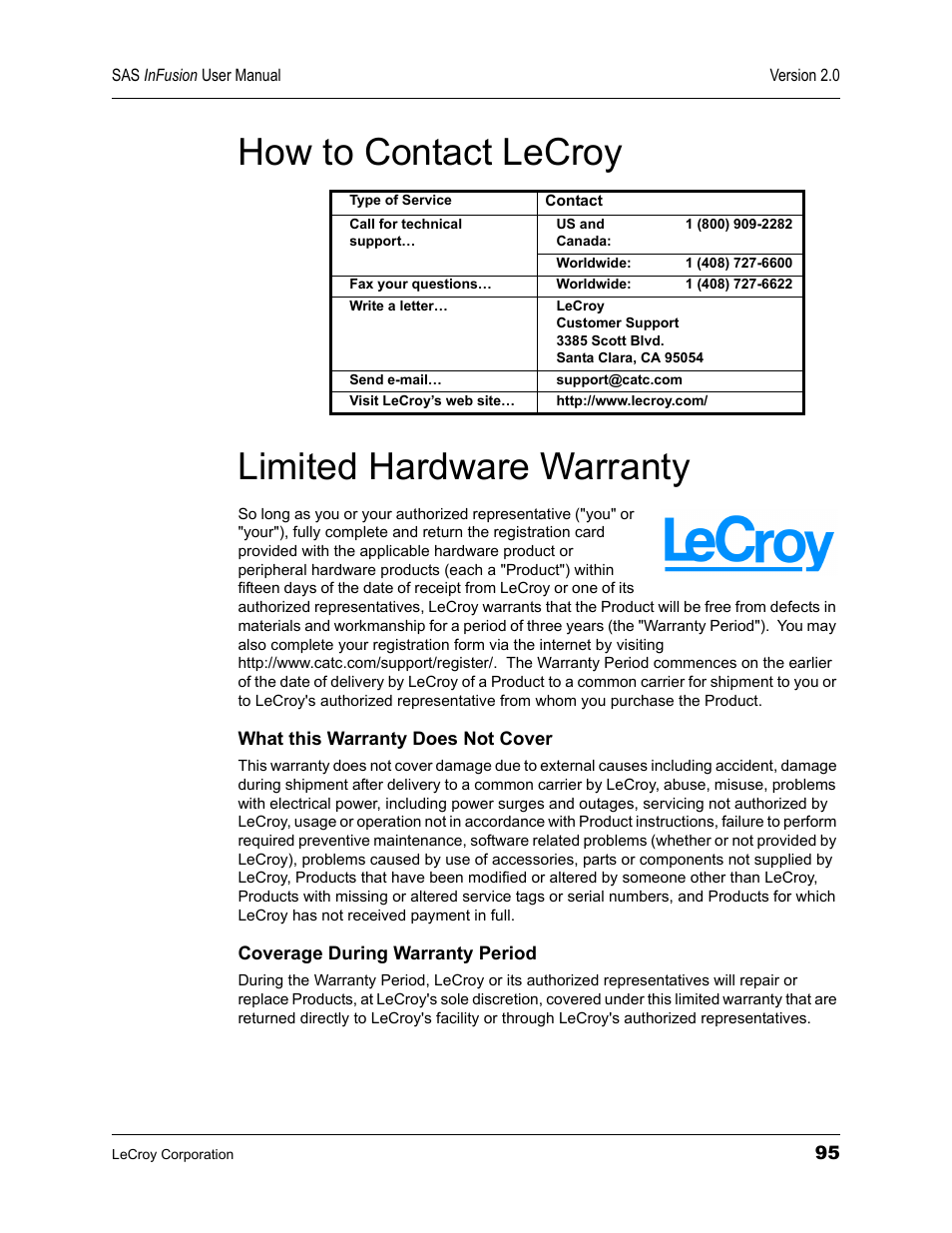 How to contact lecroy, Limited hardware warranty, How to contact lecroy limited hardware warranty | Teledyne LeCroy SAS_SATA InFusion - Users Manual User Manual | Page 111 / 113