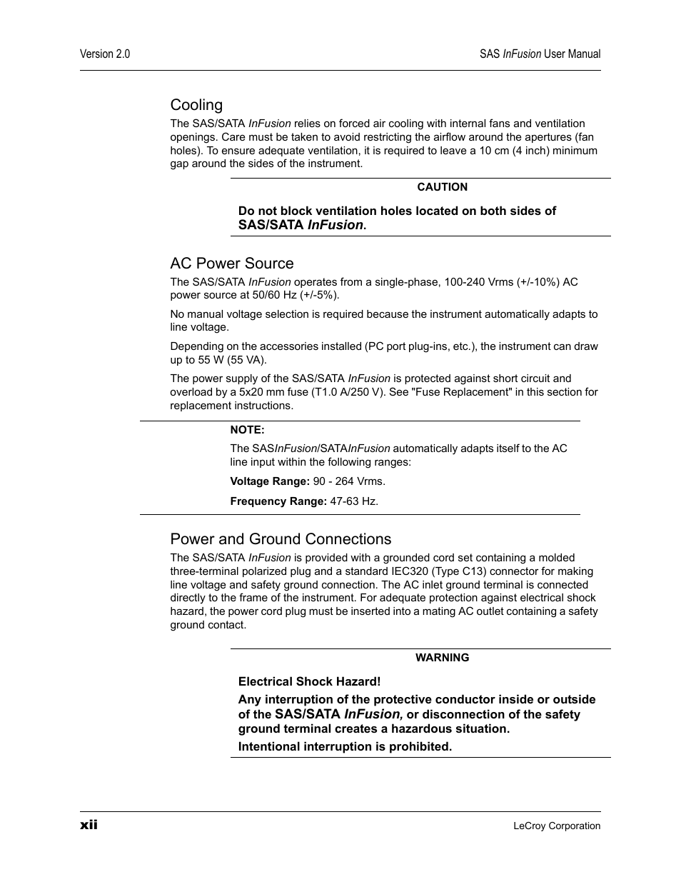 Cooling, Ac power source, Power and ground connections | Teledyne LeCroy SAS_SATA InFusion - Users Manual User Manual | Page 12 / 113