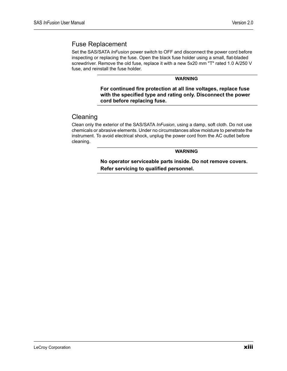 Fuse replacement, Cleaning | Teledyne LeCroy SAS_SATA InFusion - Users Manual User Manual | Page 13 / 113