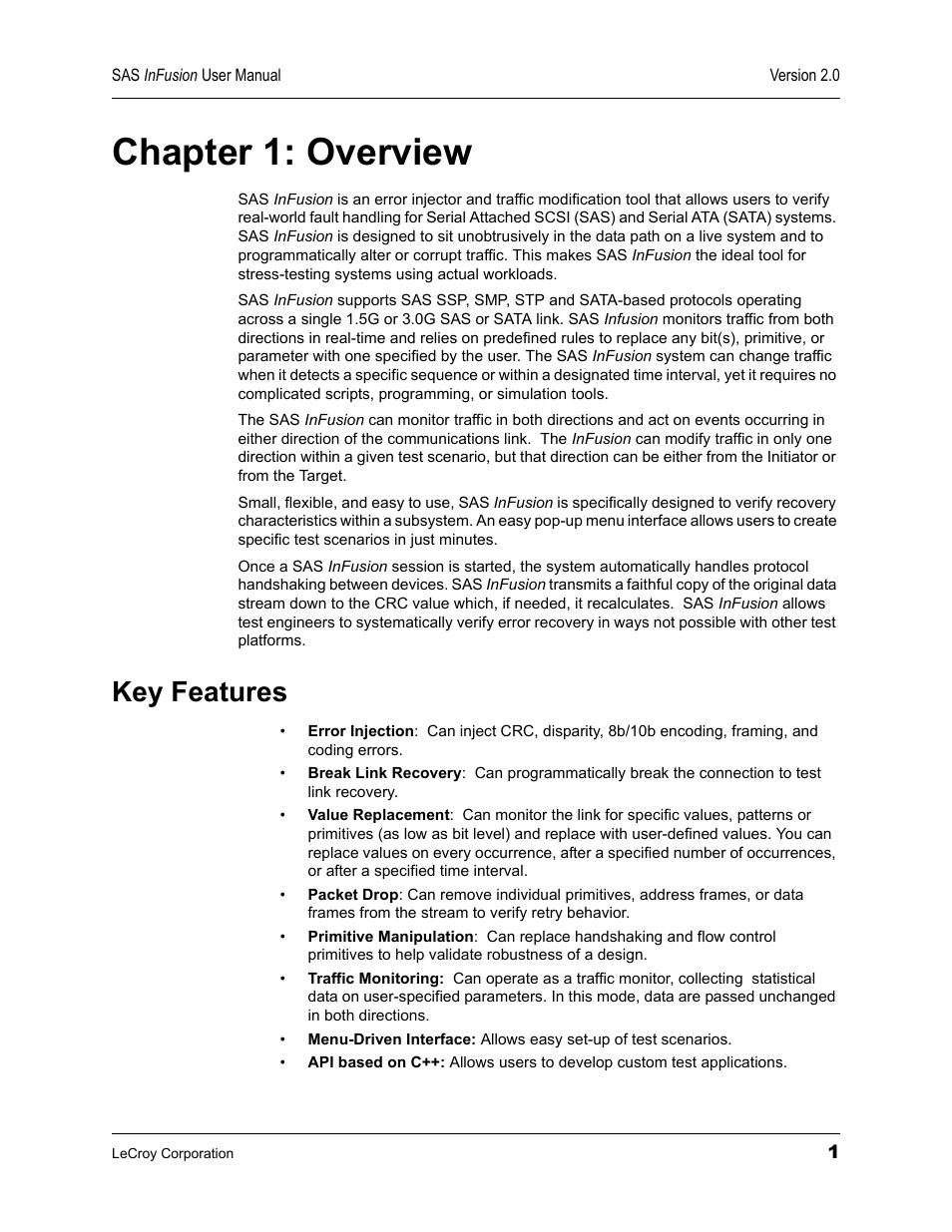 Chapter 1: overview, Key features, Chapter 1 | Overview | Teledyne LeCroy SAS_SATA InFusion - Users Manual User Manual | Page 15 / 113