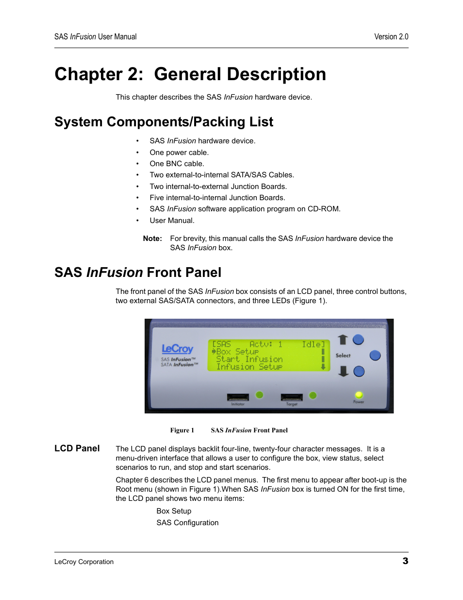 Chapter 2: general description, System components/packing list, Sas infusion front panel | Lcd panel, Chapter 2, General description, System components/packing list sas, Lcd p, Figure 1 sas infusion front panel | Teledyne LeCroy SAS_SATA InFusion - Users Manual User Manual | Page 17 / 113