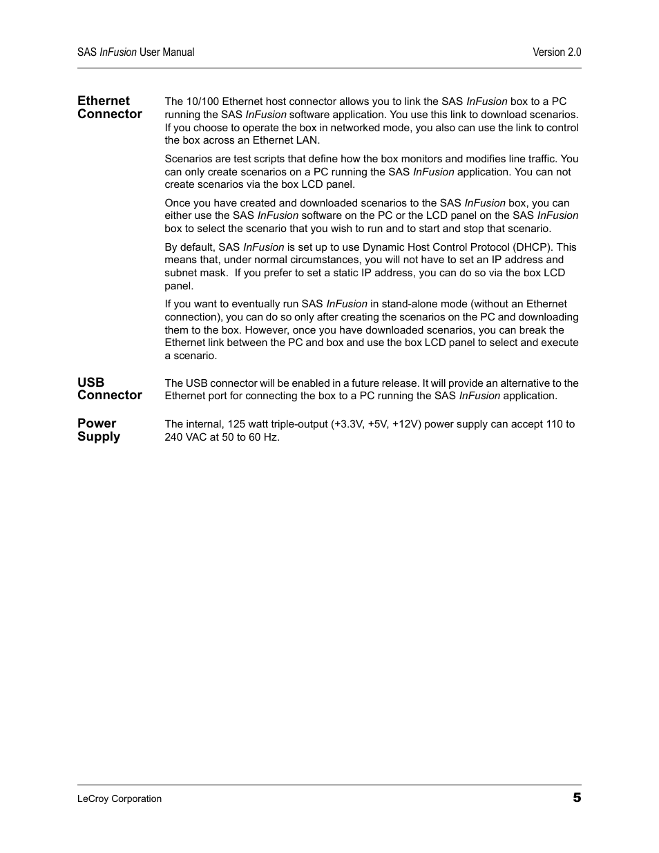 Ethernet connector, Usb connector, Power supply | Ethernet connector usb connector power supply | Teledyne LeCroy SAS_SATA InFusion - Users Manual User Manual | Page 19 / 113