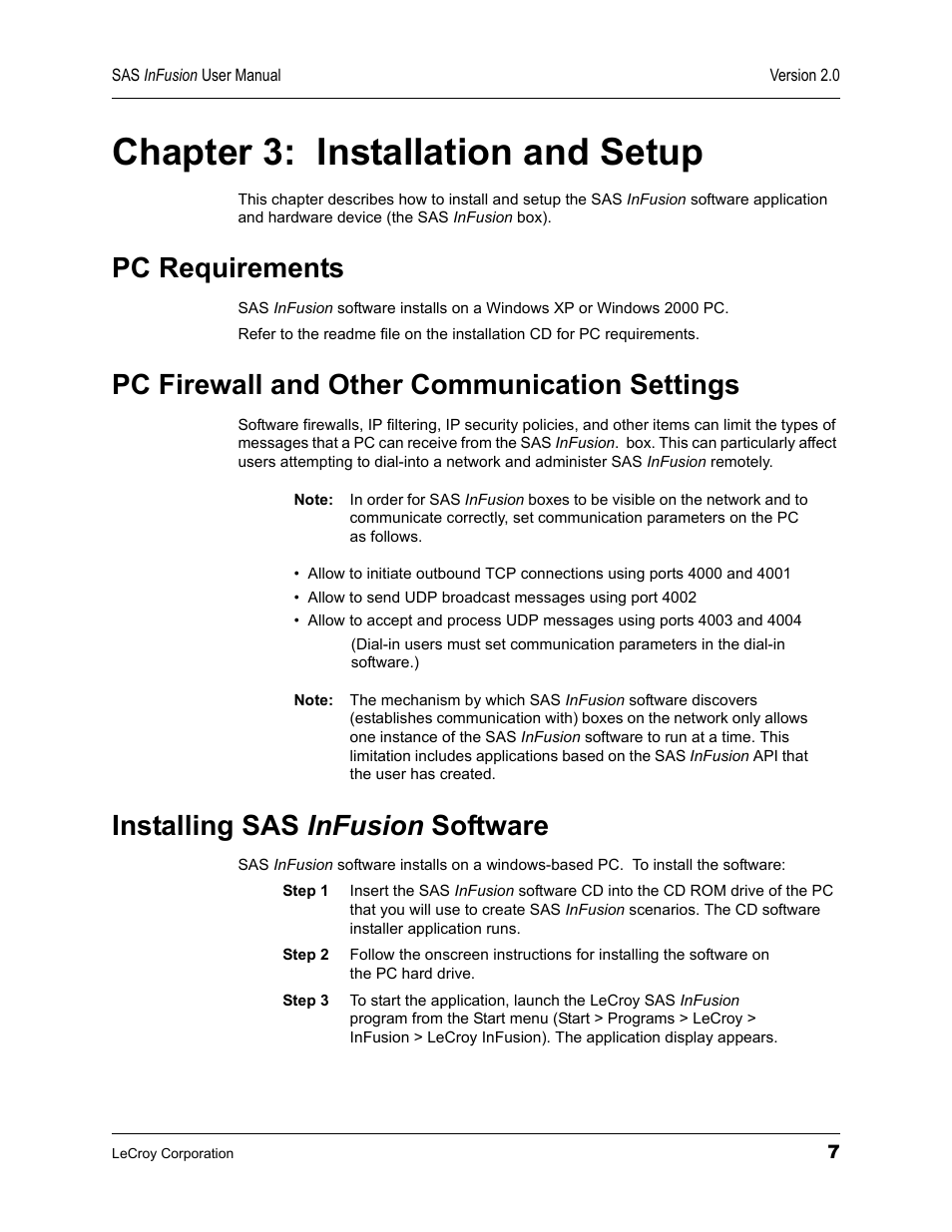 Chapter 3: installation and setup, Pc requirements, Pc firewall and other communication settings | Installing sas infusion software, Chapter 3, Installation and setup | Teledyne LeCroy SAS_SATA InFusion - Users Manual User Manual | Page 21 / 113