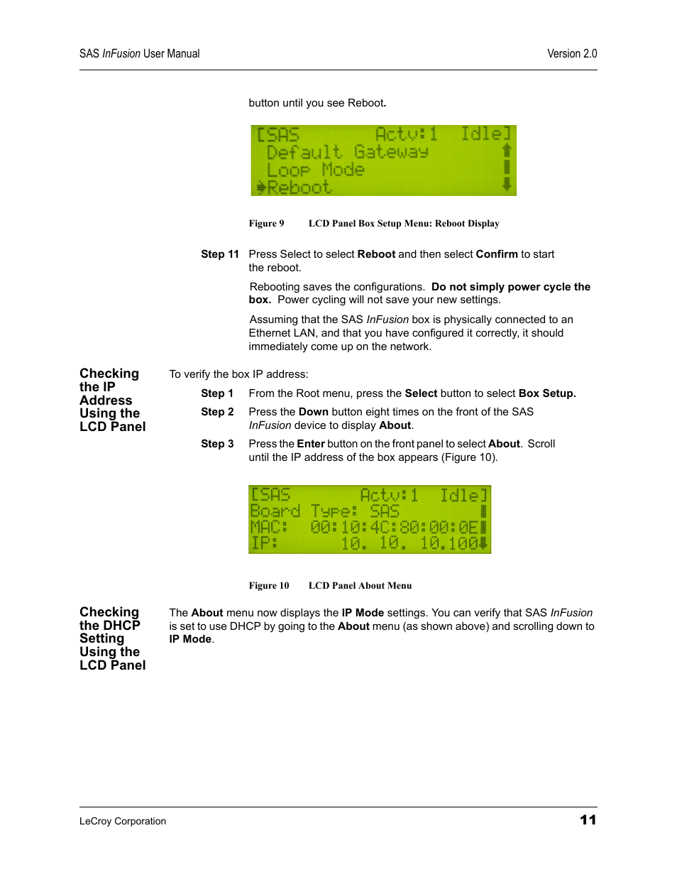 Checking the ip address using the lcd panel, Checking the dhcp setting using the lcd panel | Teledyne LeCroy SAS_SATA InFusion - Users Manual User Manual | Page 25 / 113