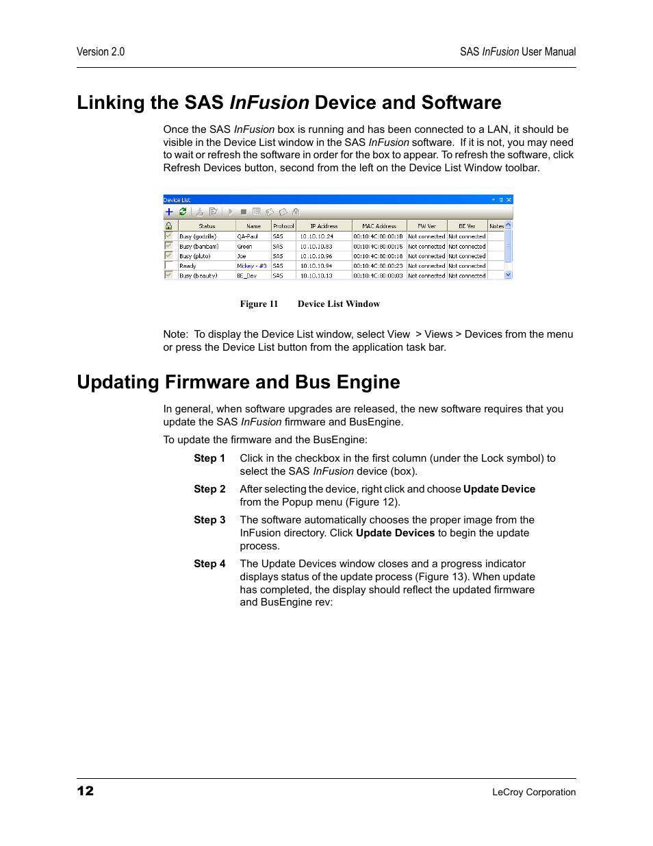 Linking the sas infusion device and software, Updating firmware and bus engine, Linking the sas in | Figure 11 device list window | Teledyne LeCroy SAS_SATA InFusion - Users Manual User Manual | Page 26 / 113