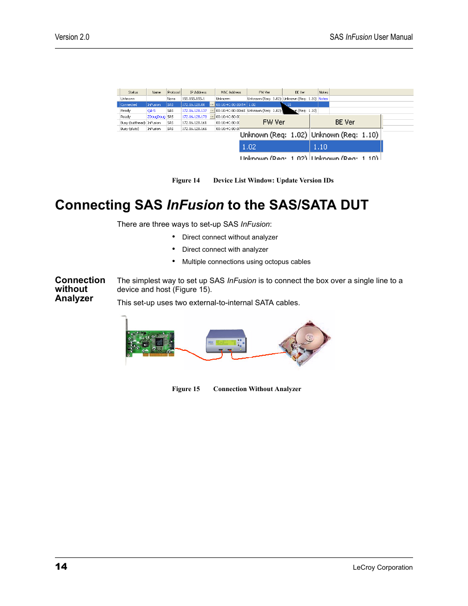 Connecting sas infusion to the sas/sata dut, Connection without analyzer, Connecting sas | Teledyne LeCroy SAS_SATA InFusion - Users Manual User Manual | Page 28 / 113