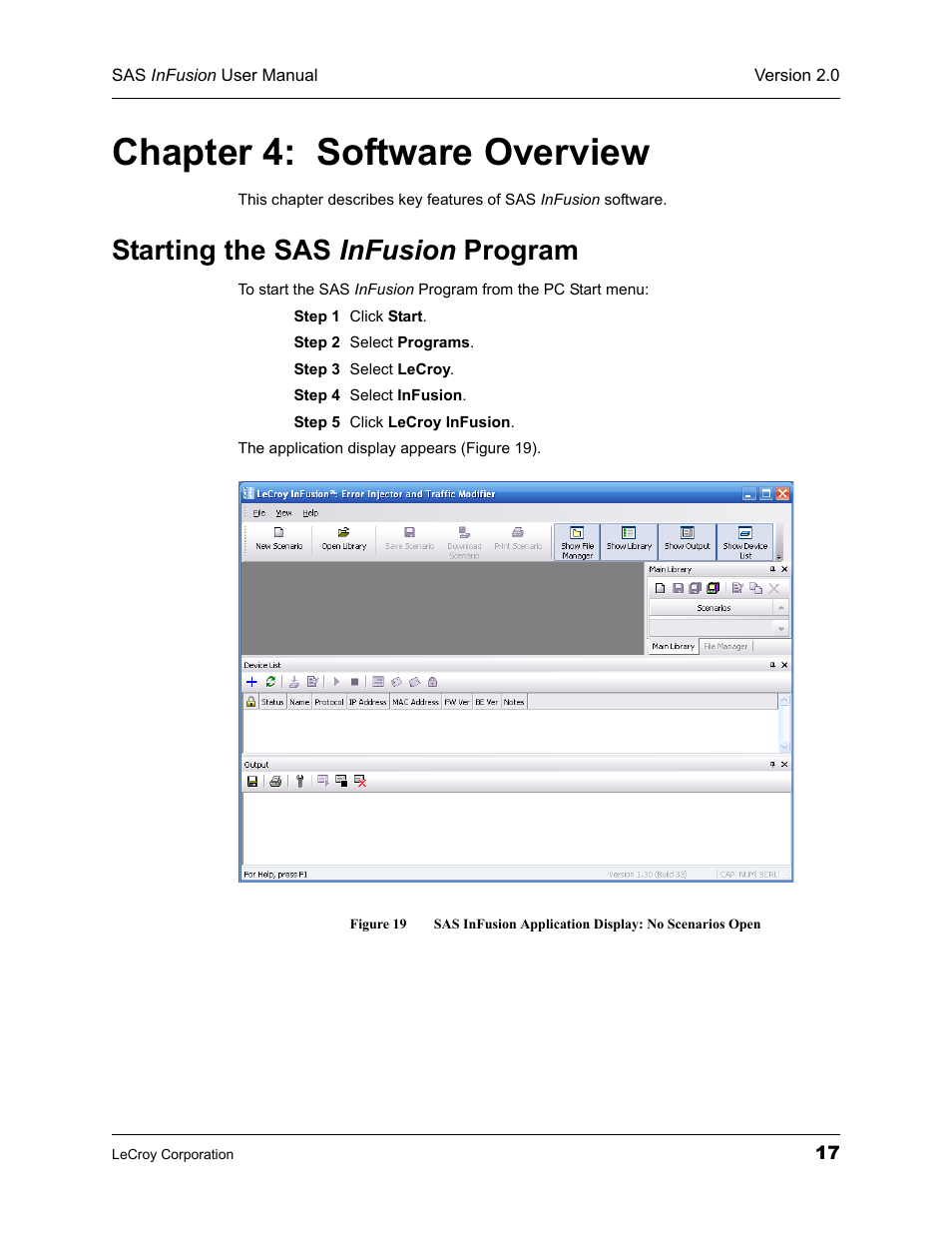 Chapter 4: software overview, Starting the sas infusion program, Chapter 4 | Software overview, Starting the sas | Teledyne LeCroy SAS_SATA InFusion - Users Manual User Manual | Page 31 / 113