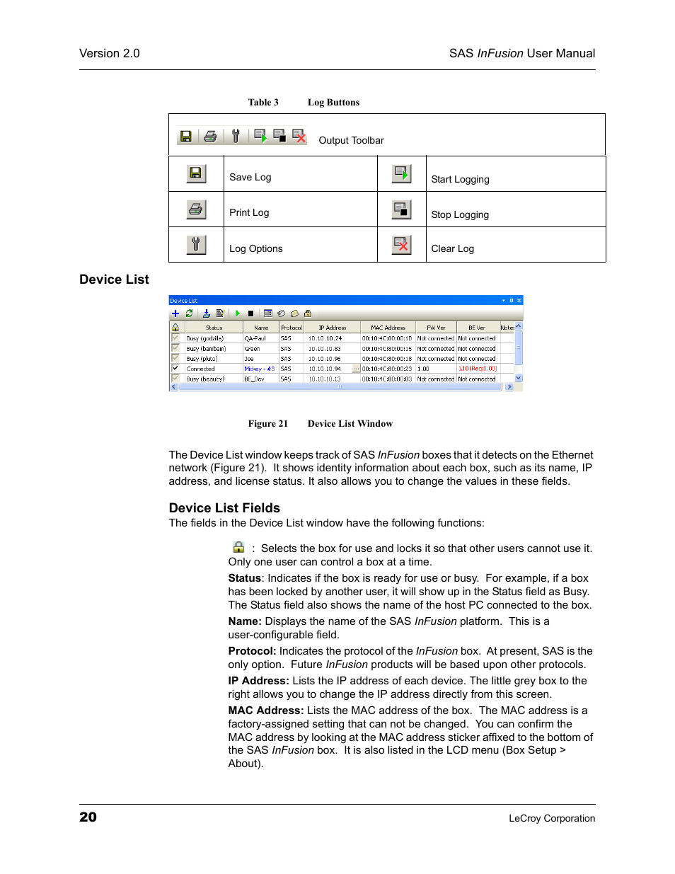Device list, Figure 21 device list window, Table 3 log buttons | Teledyne LeCroy SAS_SATA InFusion - Users Manual User Manual | Page 34 / 113