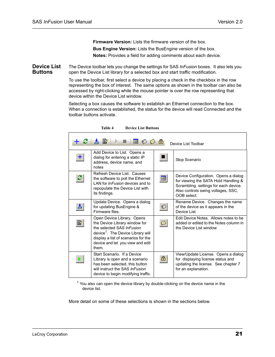 Device list buttons, Table 4 device list buttons | Teledyne LeCroy SAS_SATA InFusion - Users Manual User Manual | Page 35 / 113