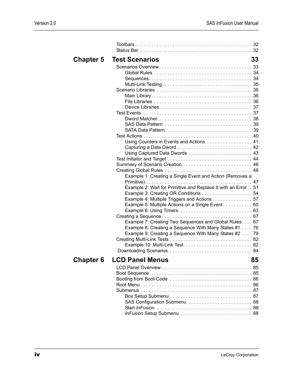 Chapter 5 test scenarios 33, Chapter 6 lcd panel menus 85 | Teledyne LeCroy SAS_SATA InFusion - Users Manual User Manual | Page 4 / 113