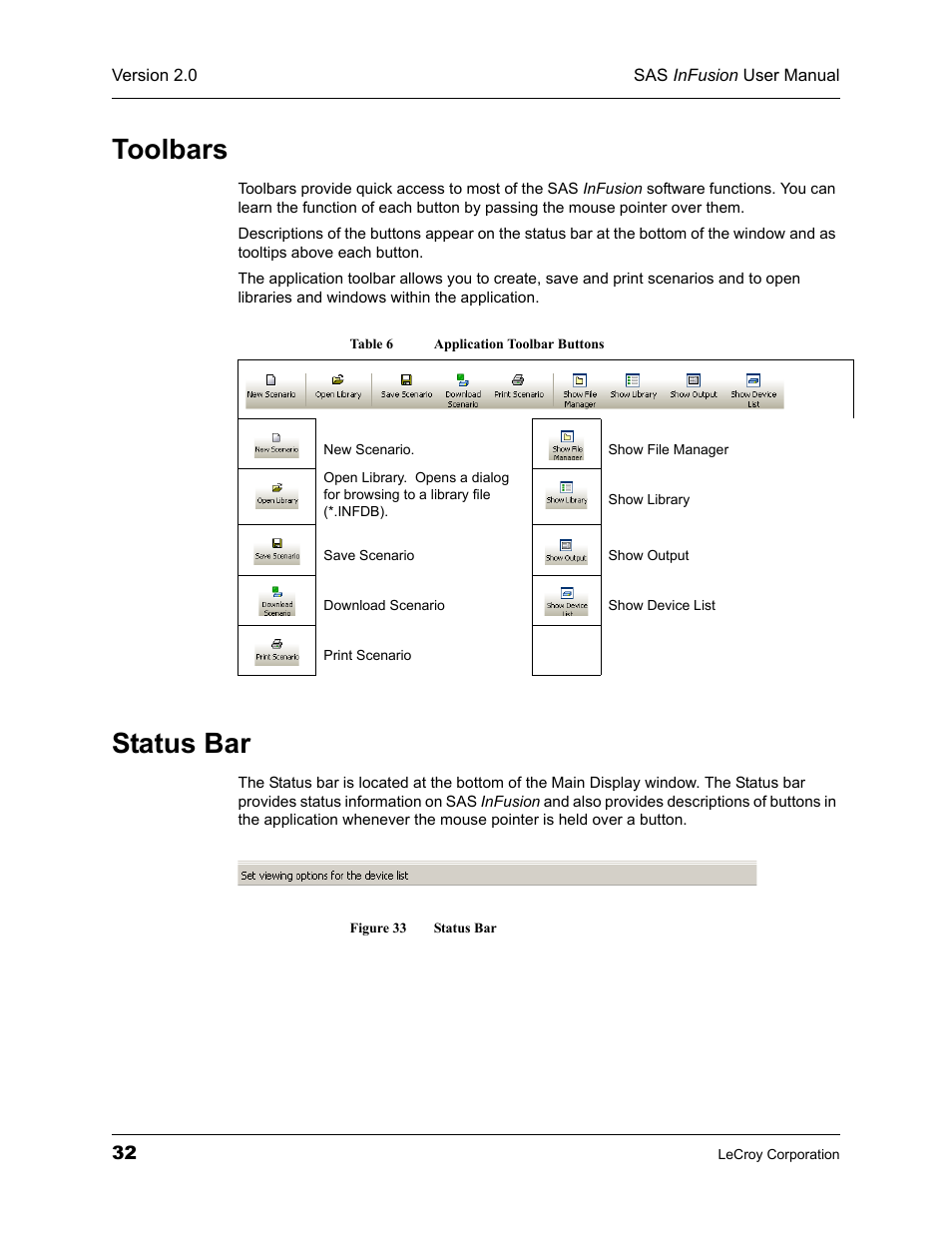 Toolbars, Status bar, Toolbars status bar | Figure 33 status bar, Table 6 application toolbar buttons | Teledyne LeCroy SAS_SATA InFusion - Users Manual User Manual | Page 46 / 113