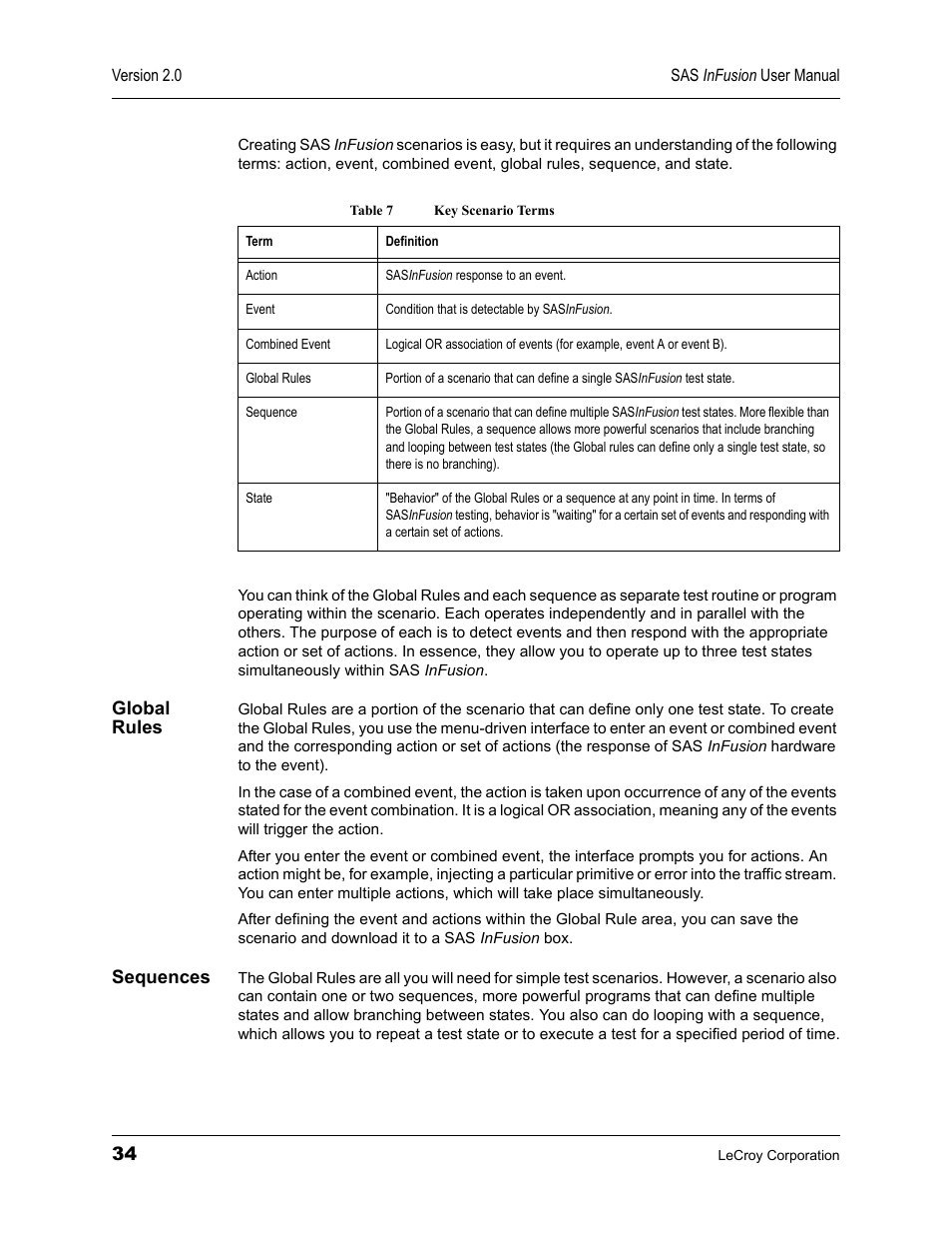 Global rules, Sequences, Global rules sequences | Table 7 key scenario terms | Teledyne LeCroy SAS_SATA InFusion - Users Manual User Manual | Page 48 / 113
